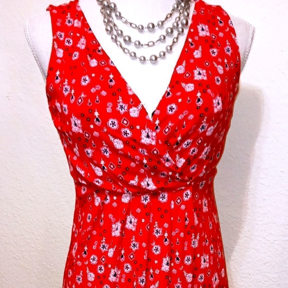 St John's Bay Red Sleeveless Tank Dress w/ White Flowers